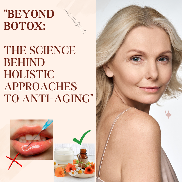 An image of a woman in her 50s with clear, radiant skin that appears to be gracefully aged, suggesting that she follows a natural lifestyle and uses natural herbs for skin care instead of relying on botox.